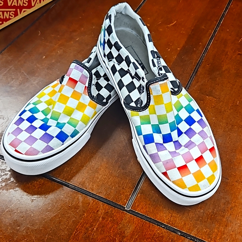Vans rainbow checkered slip ons